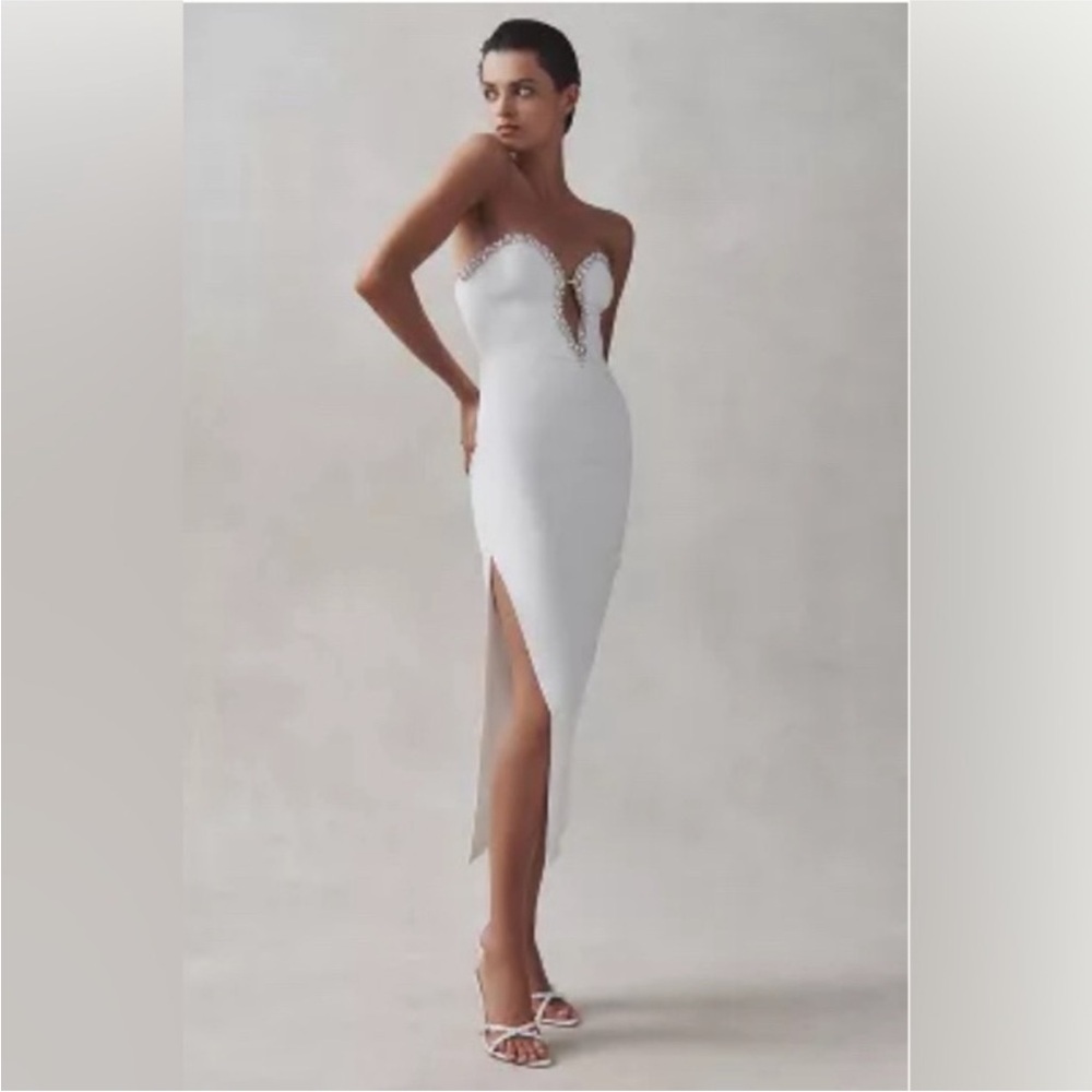 Bardot white eleni diamonte strapless rhinestone midi dress